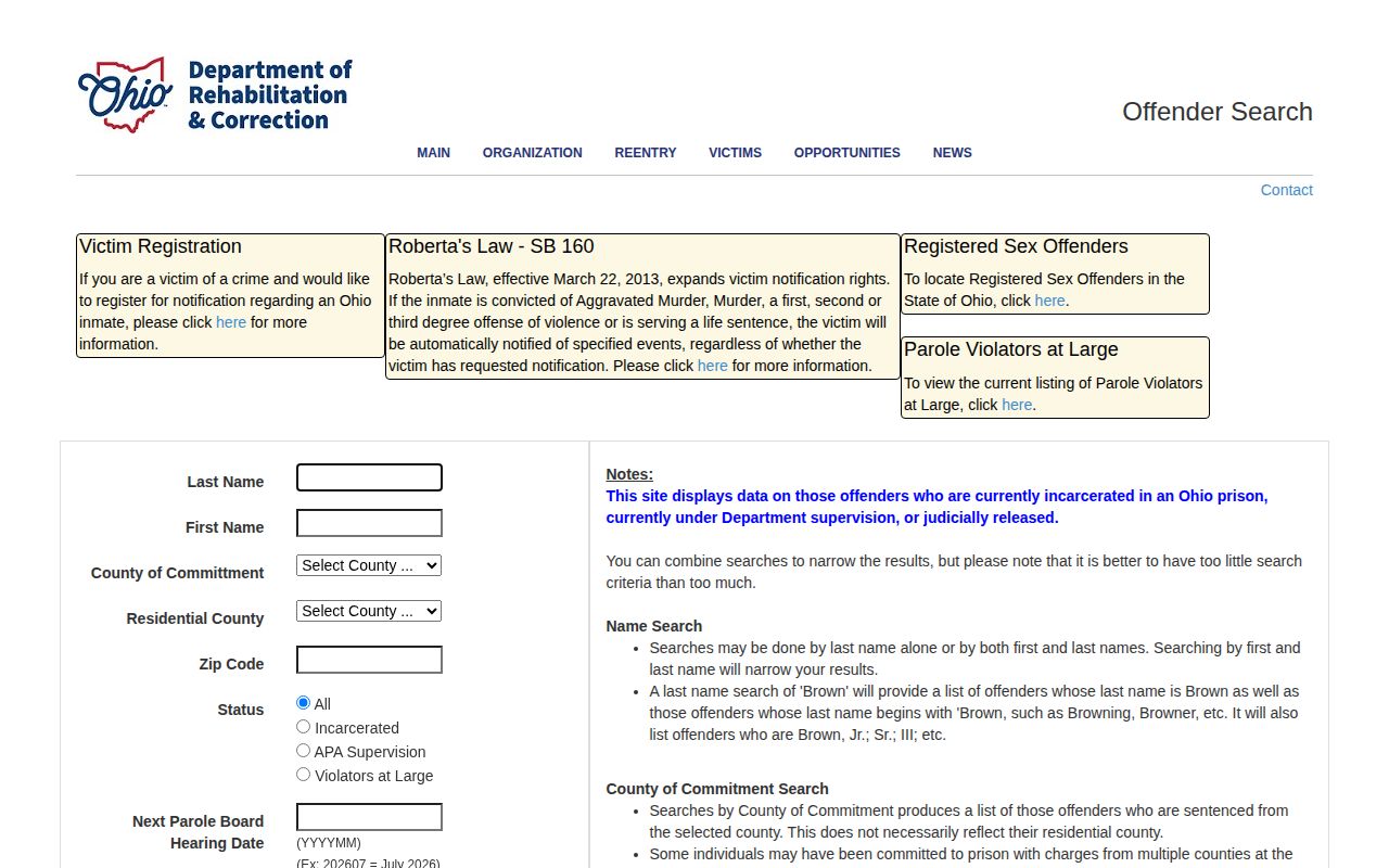 Hocking County released inmate fields in the ODRC offender search
