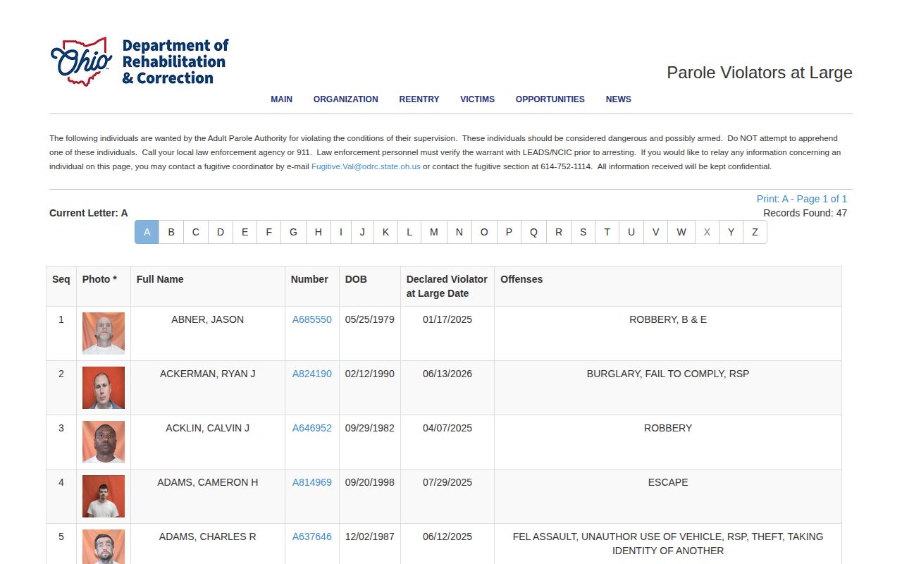 Hocking County parole Violators at Large record search fields