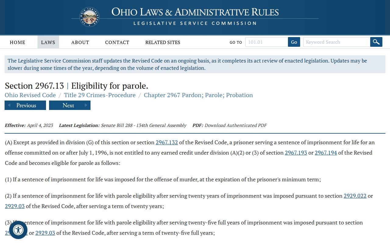 Ohio parole eligibility law used for Hocking County projected release dates