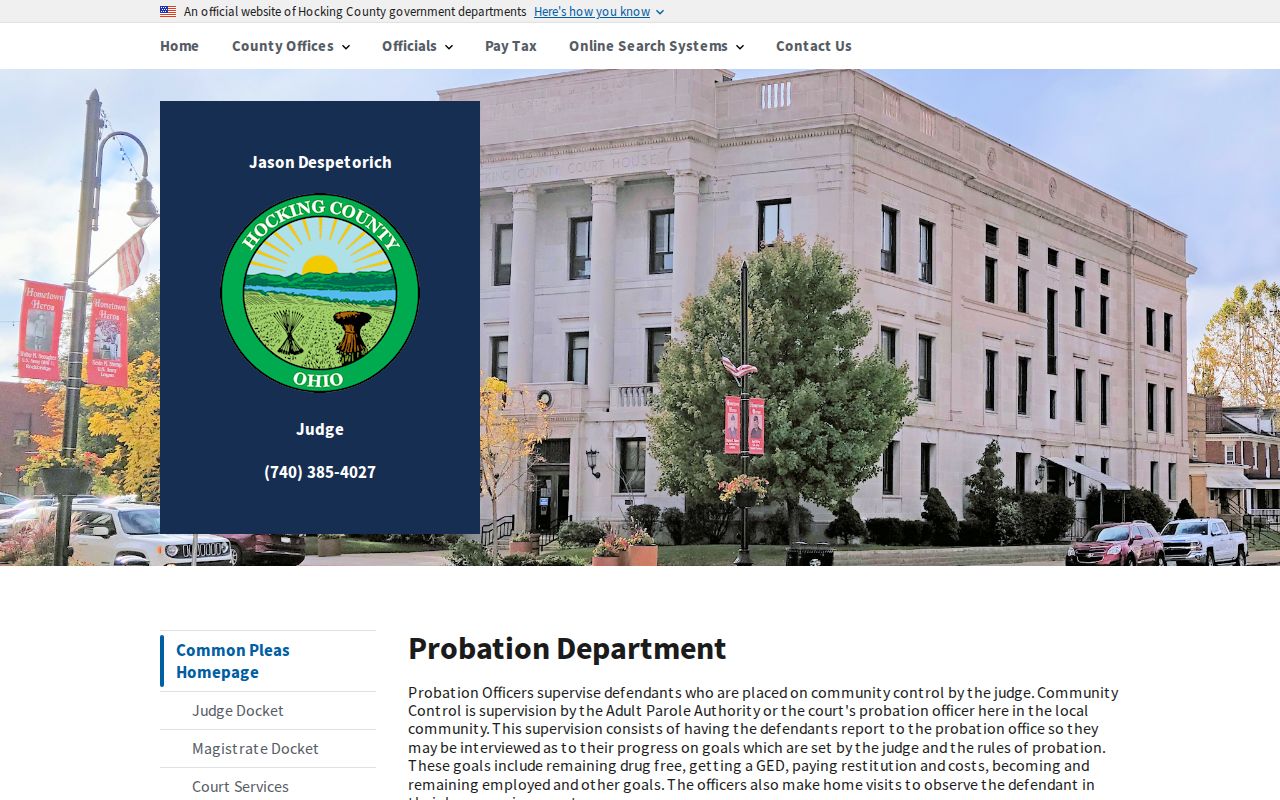 Hocking County probation office contact page for post-release supervision